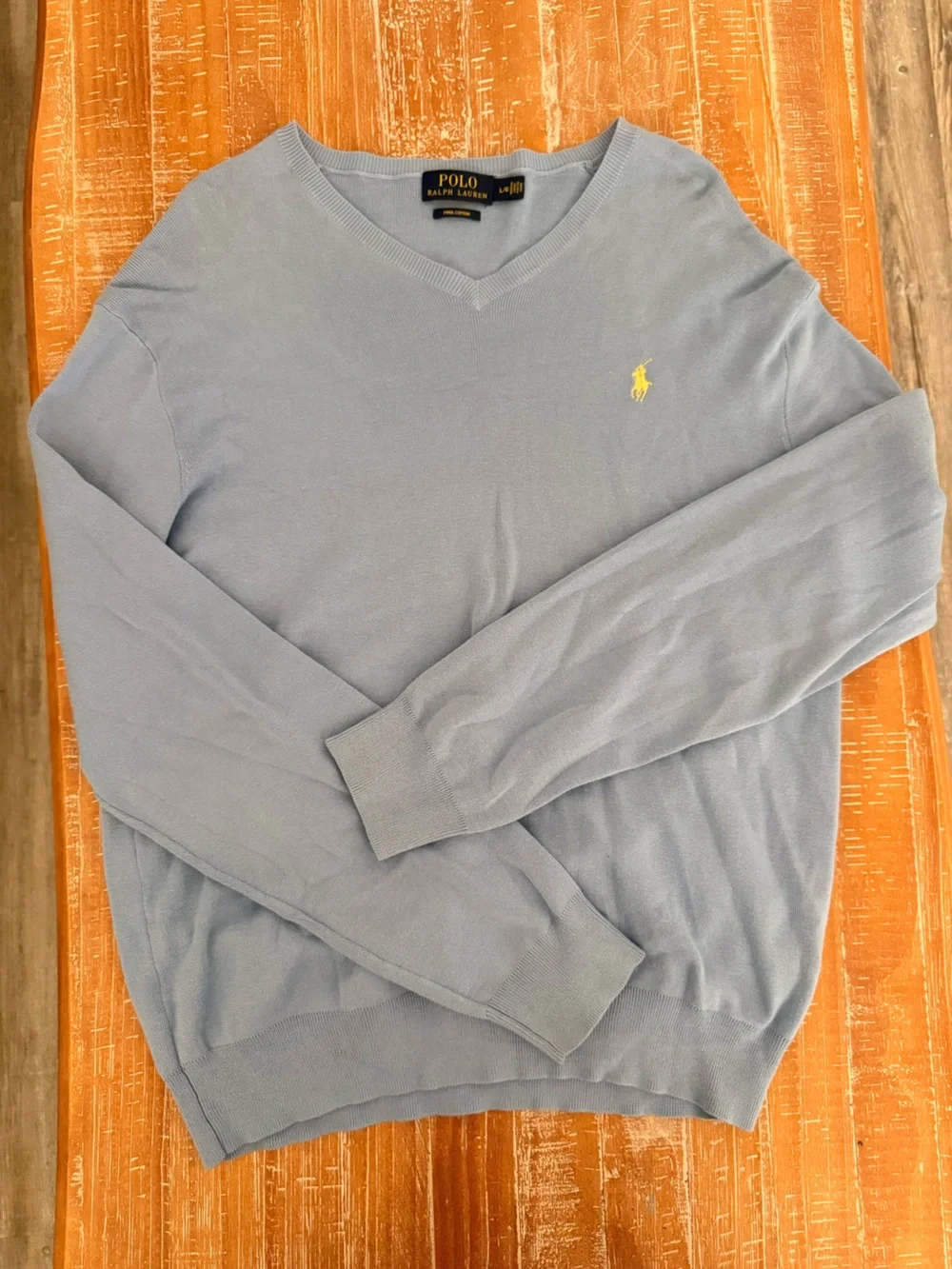 Polo by Ralph Lauren Baby Blue V-Neck Sweater with Yellow Pony SIZE L